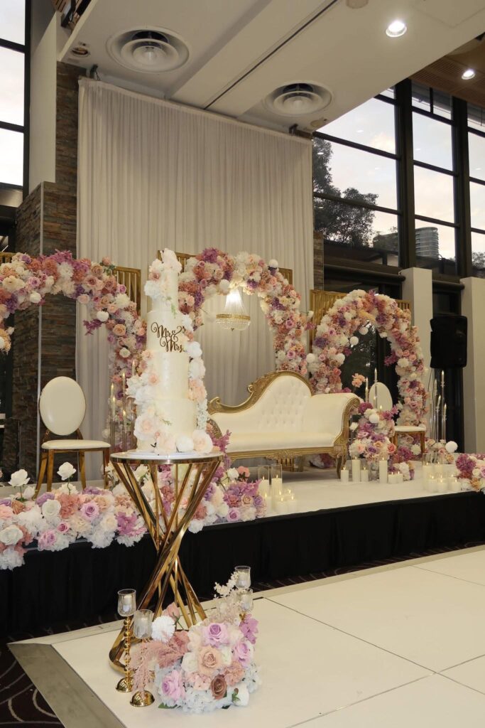 multi-tiered wedding cake featured at wedding venue.