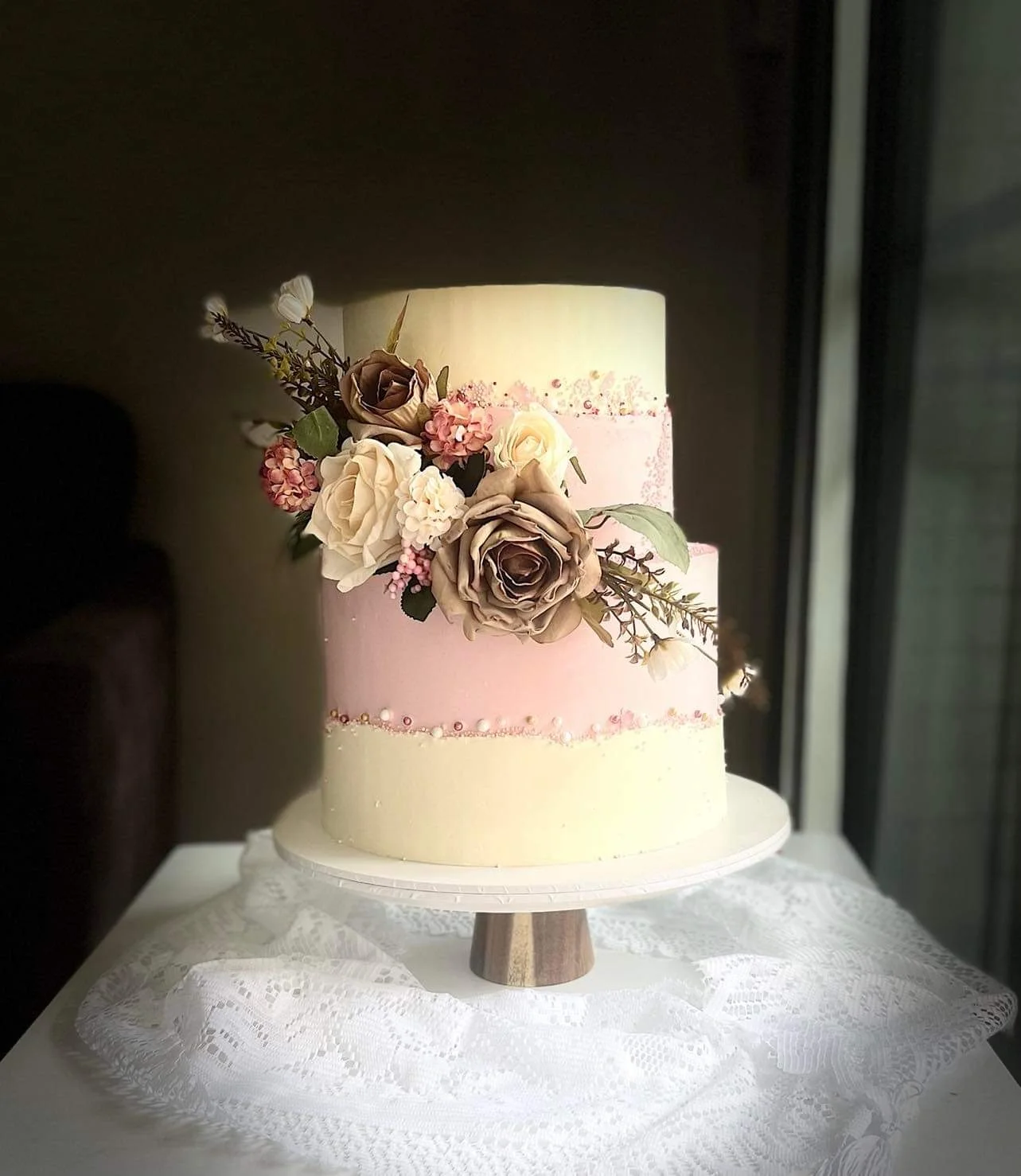 two tier pink and cream wedding cake in Sydney